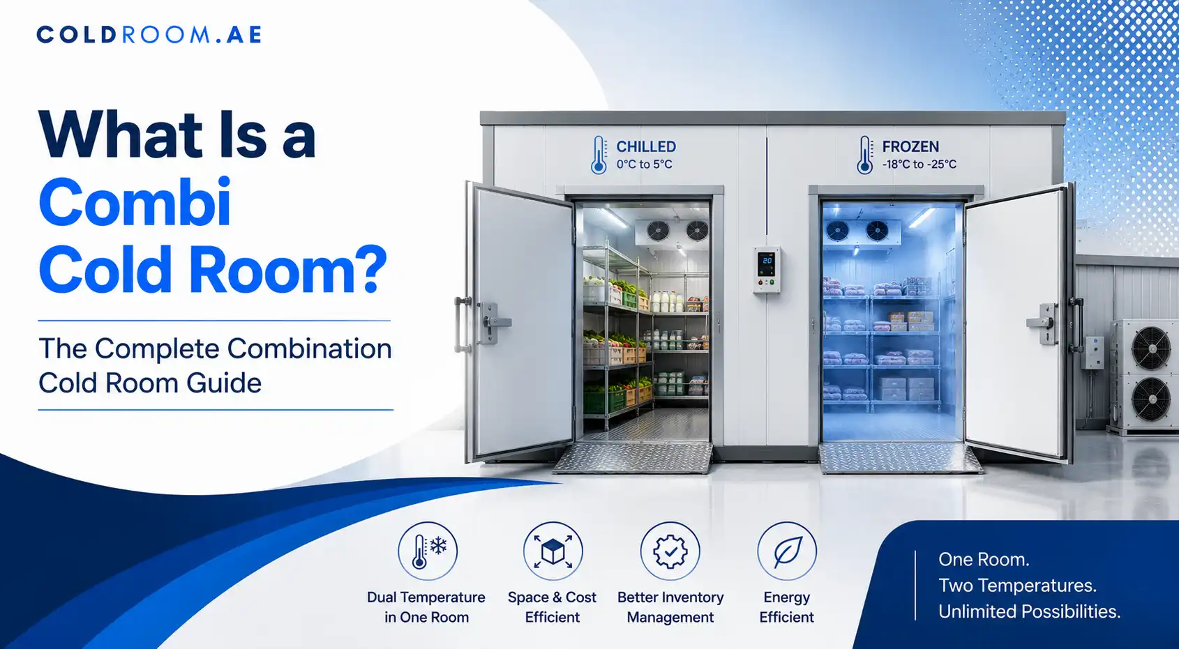 Combi cold room with separate chilled and frozen storage compartments, illustrating a combination cold room for dual-temperature commercial refrigeration.