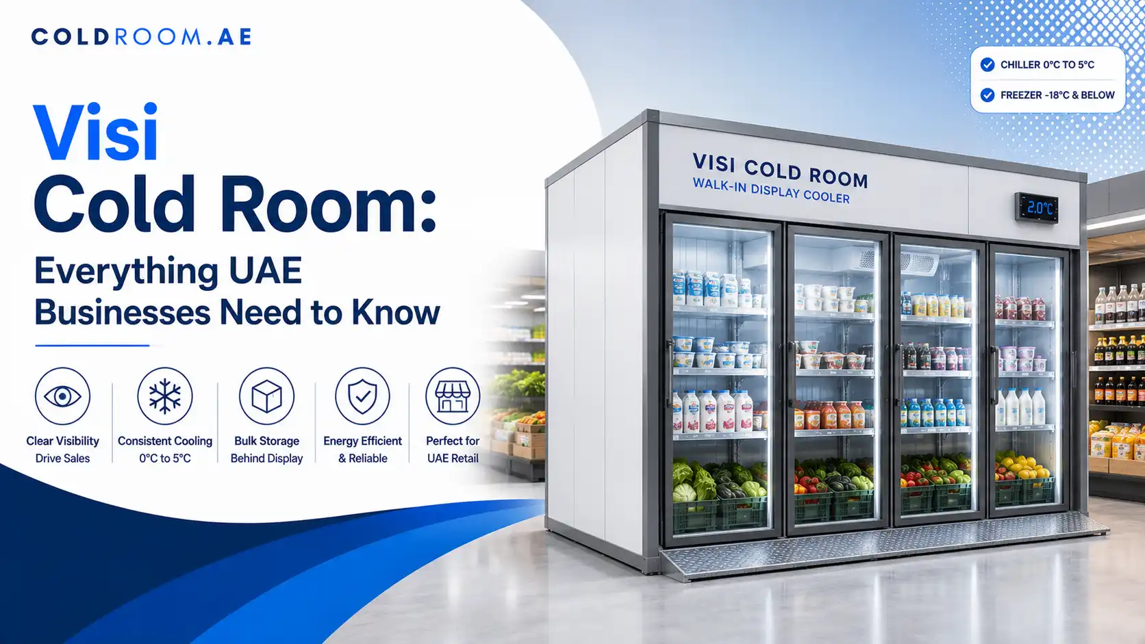 Visible cold room with glass display doors showing chilled products, also known as a walk in glass door cooler for commercial retail refrigeration.