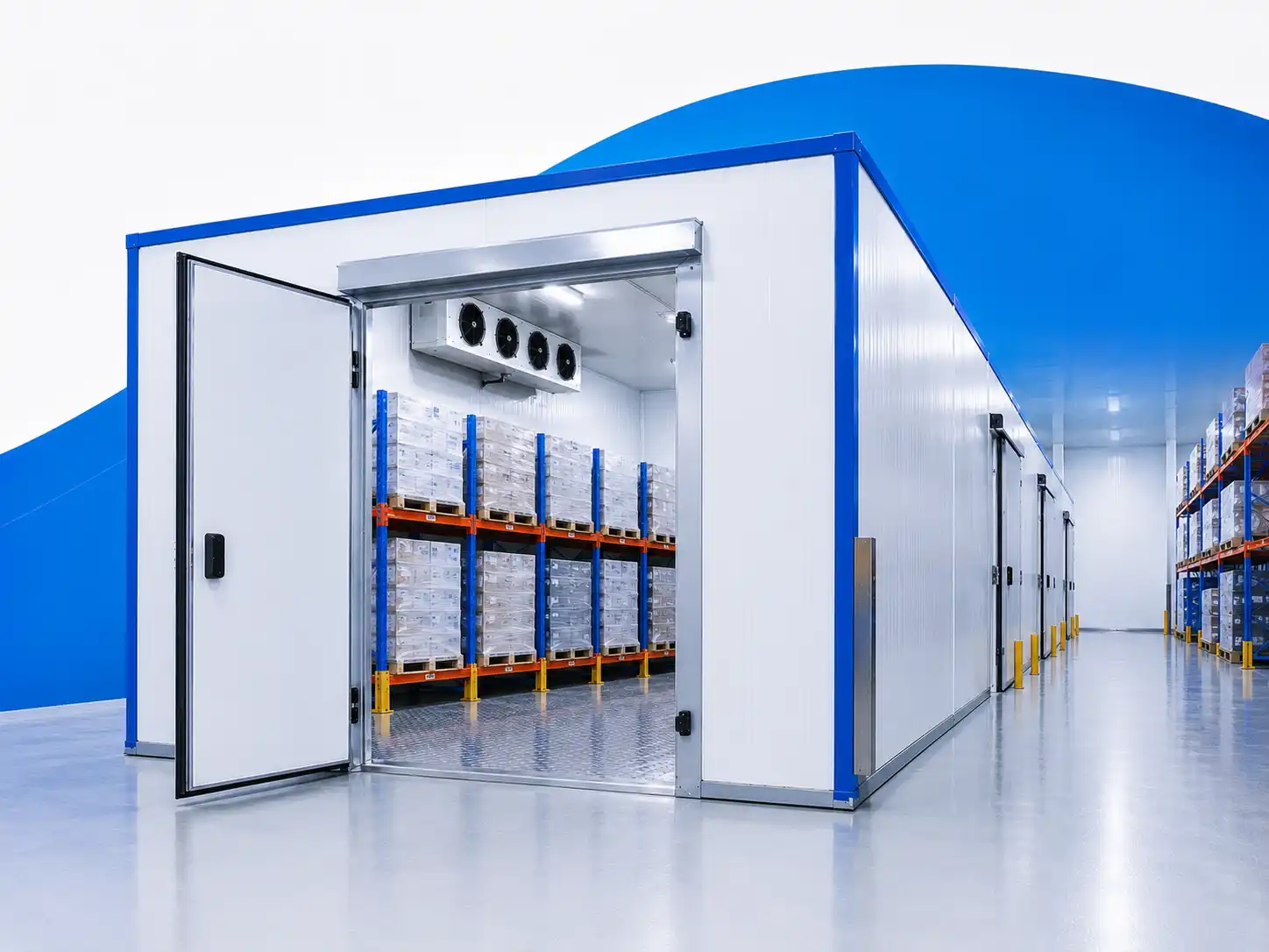 Cold warehousing storage facility with insulated cold rooms, pallet racking, and refrigerated warehouse space for temperature-controlled logistics.