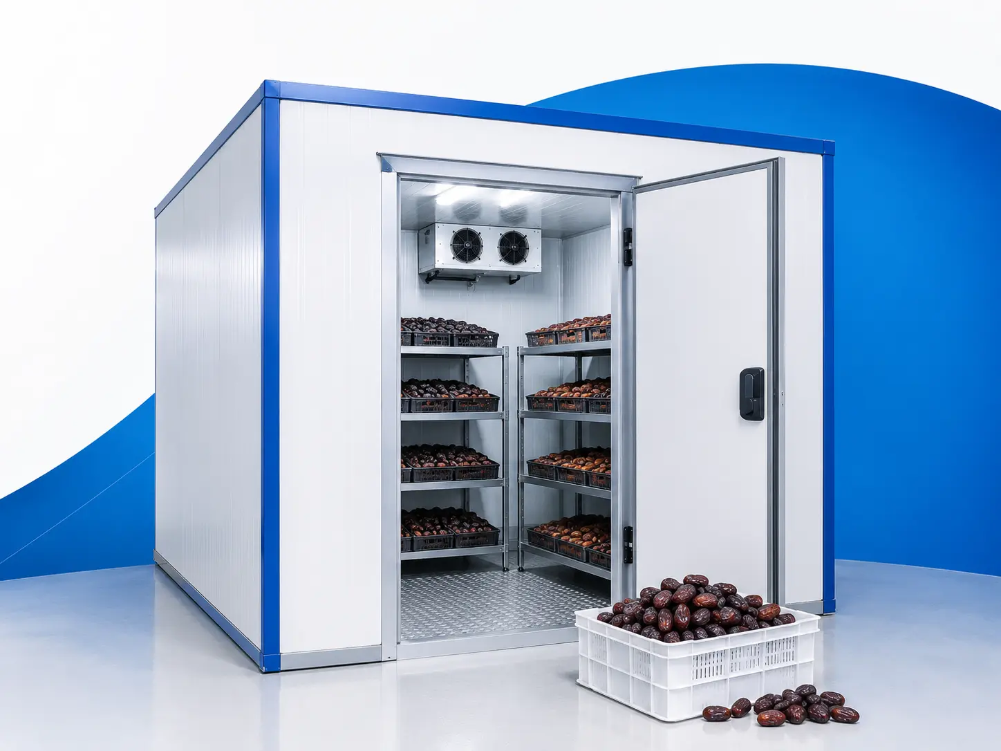 Industrial dates cold storage with refrigerated storage racks containing date fruits, designed for cold storage for dates and long-term quality preservation.
