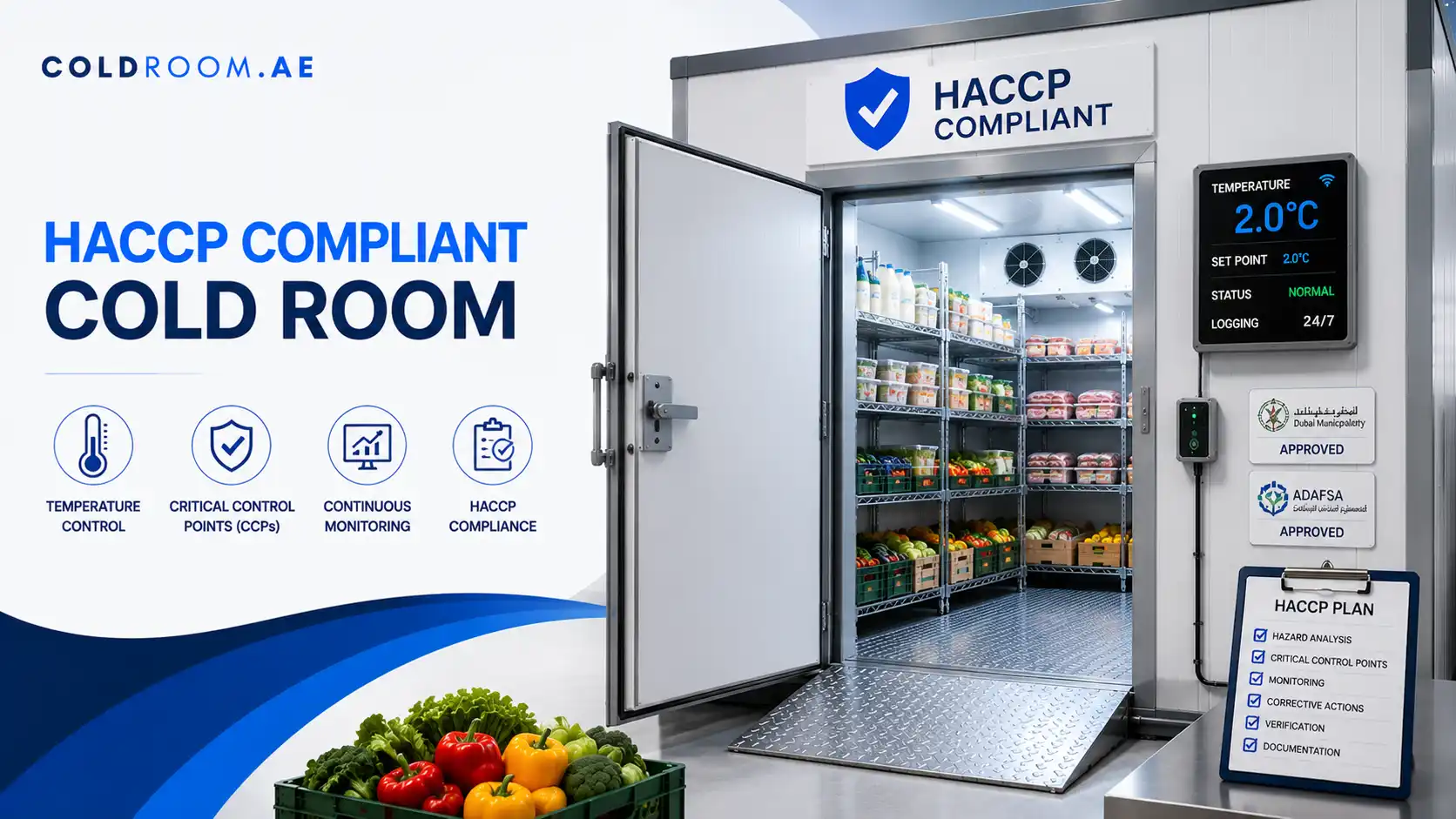 HACCP compliant cold room with digital temperature monitoring, insulated construction, and commercial food storage designed for UAE food safety compliance.