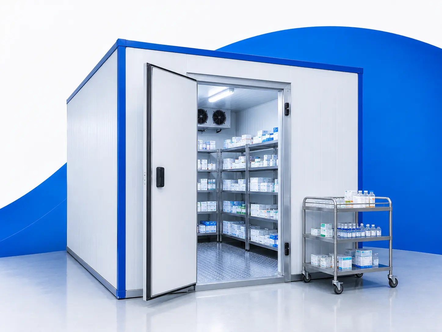 Pharmaceutical cold room with refrigerated shelving and medicines for temperature-controlled pharmaceutical storage.