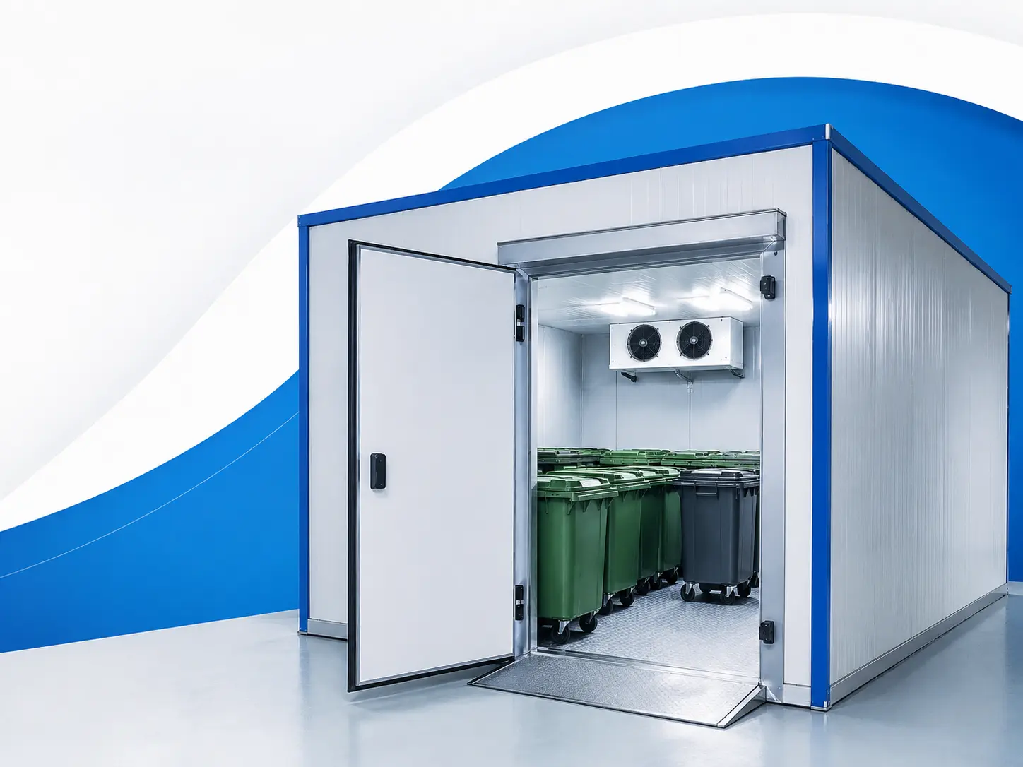 Walk-in garbage cold room with open door showing wheeled waste bins, ceiling evaporator unit, and anti-slip ramp flooring, built for commercial waste storage in the UAE