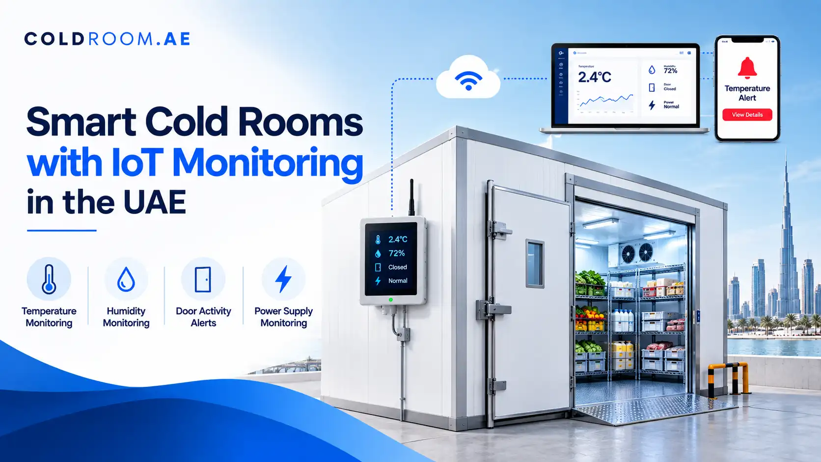 Cold rooms with IoT monitoring showing real-time temperature, humidity, door activity, and power supply tracking through a connected monitoring system.