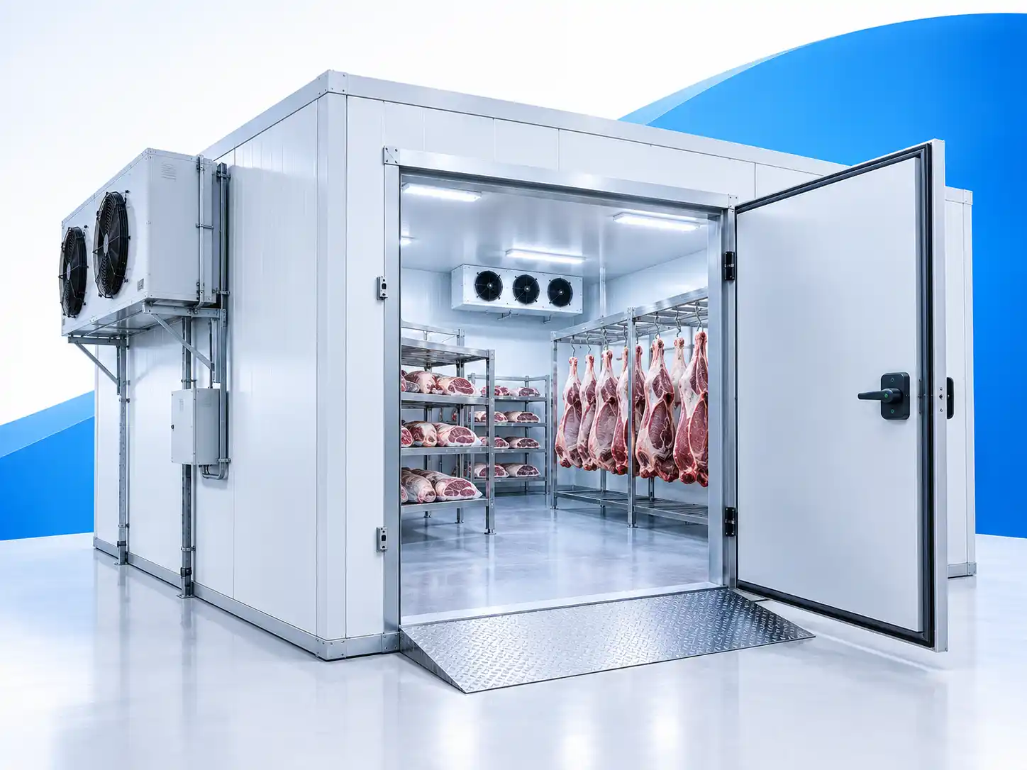 Meat freezer room with refrigerated storage racks and hanging meat carcasses for frozen meat storage.