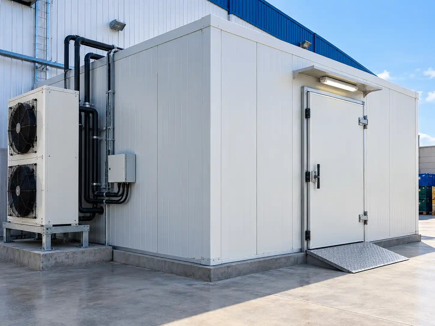 Outdoor cold room with insulated panels, external refrigeration unit, insulated door, and access ramp.