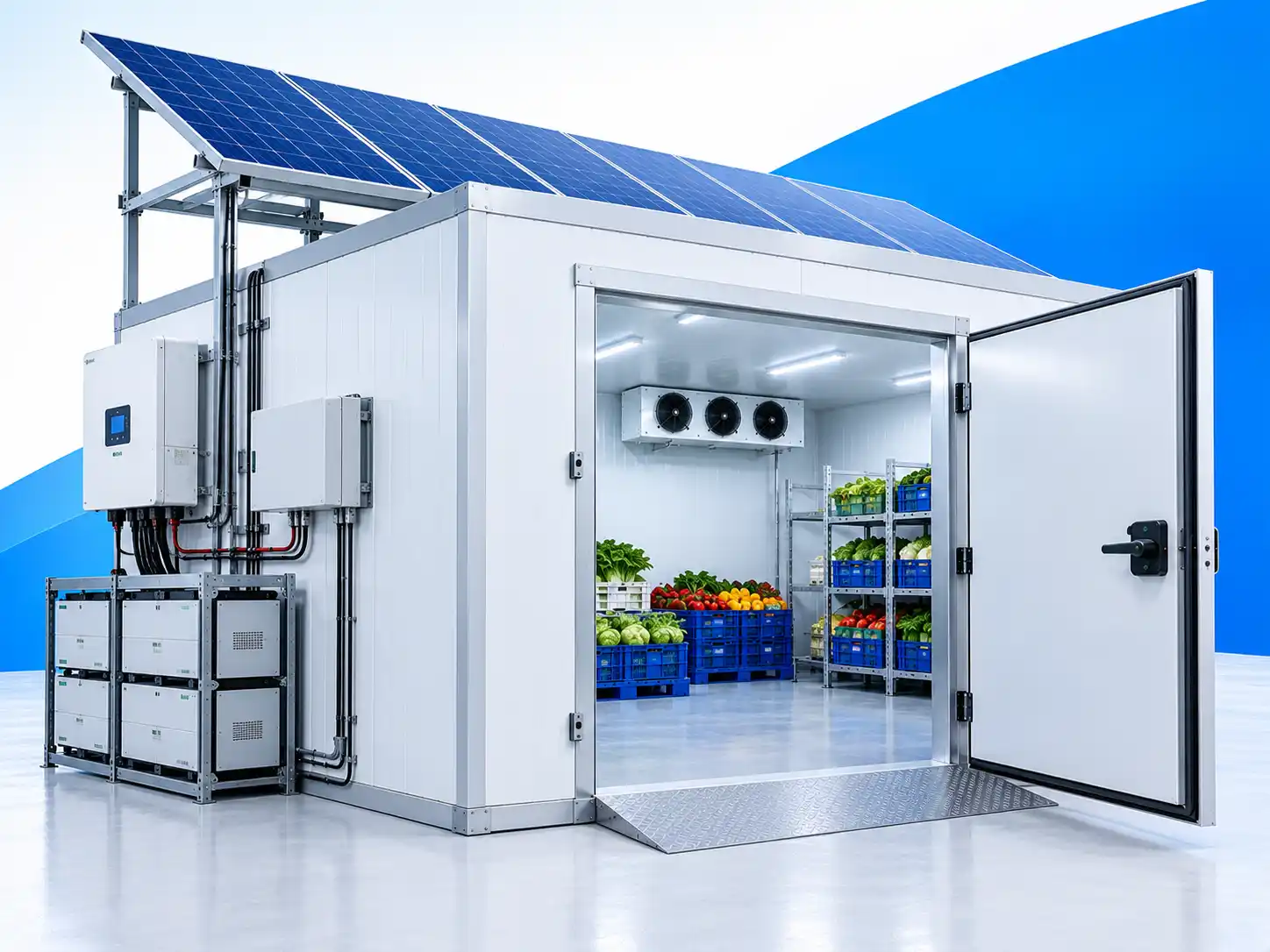 Solar cold room with rooftop solar panels, inverter and battery bank storing fresh vegetables and fruit