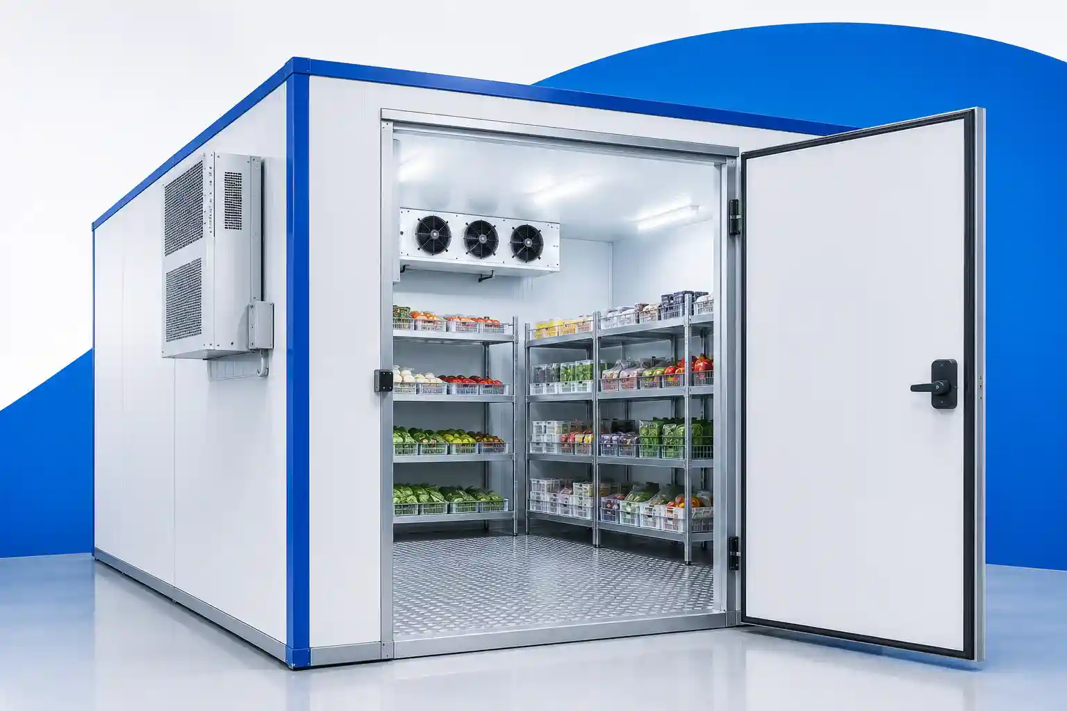 Walk-in chiller room with insulated panels, refrigerated cooling unit, storage racks, and fresh produce.