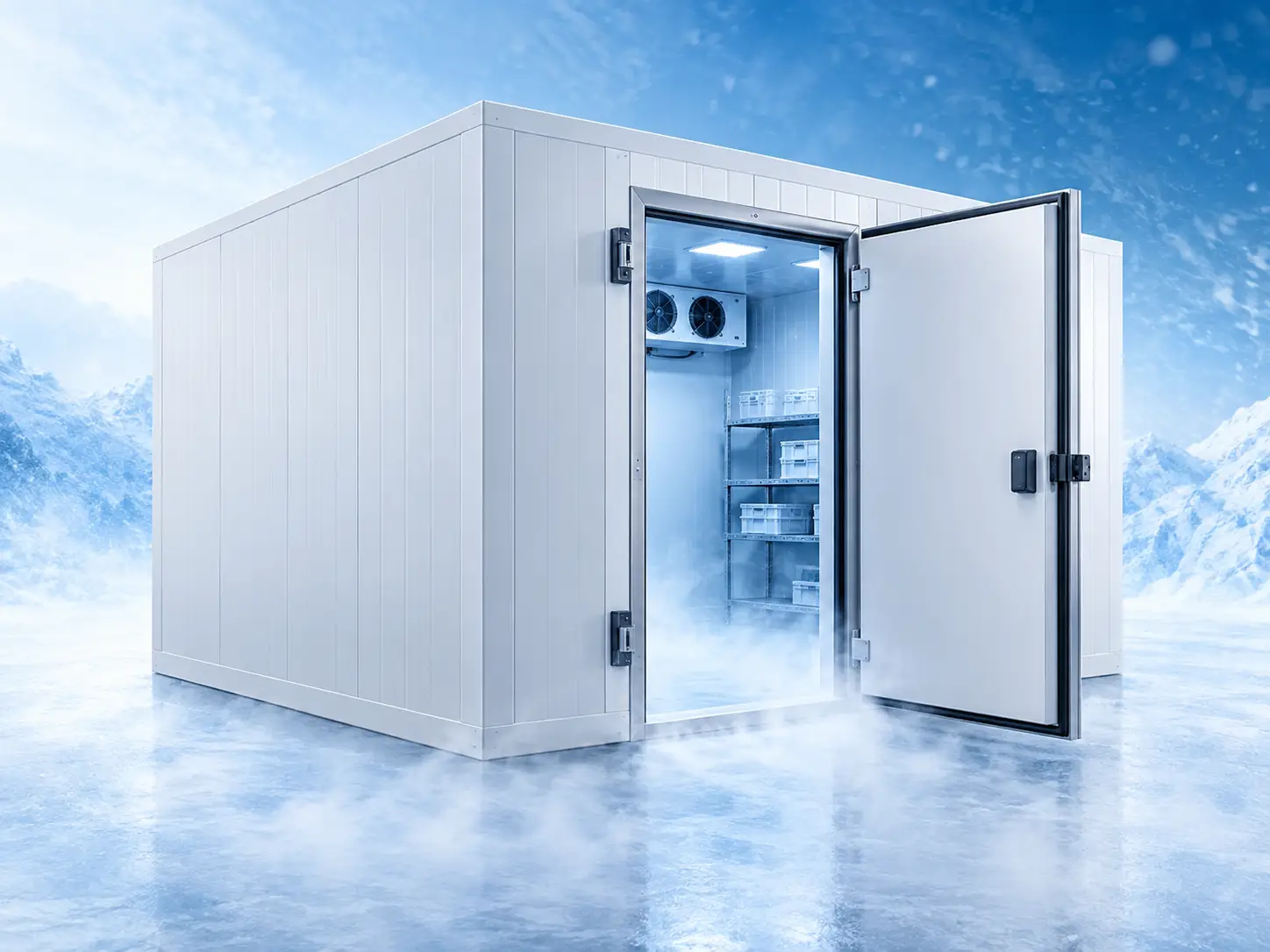 Commercial walk-in freezer room with insulated panels, refrigeration unit and storage shelving