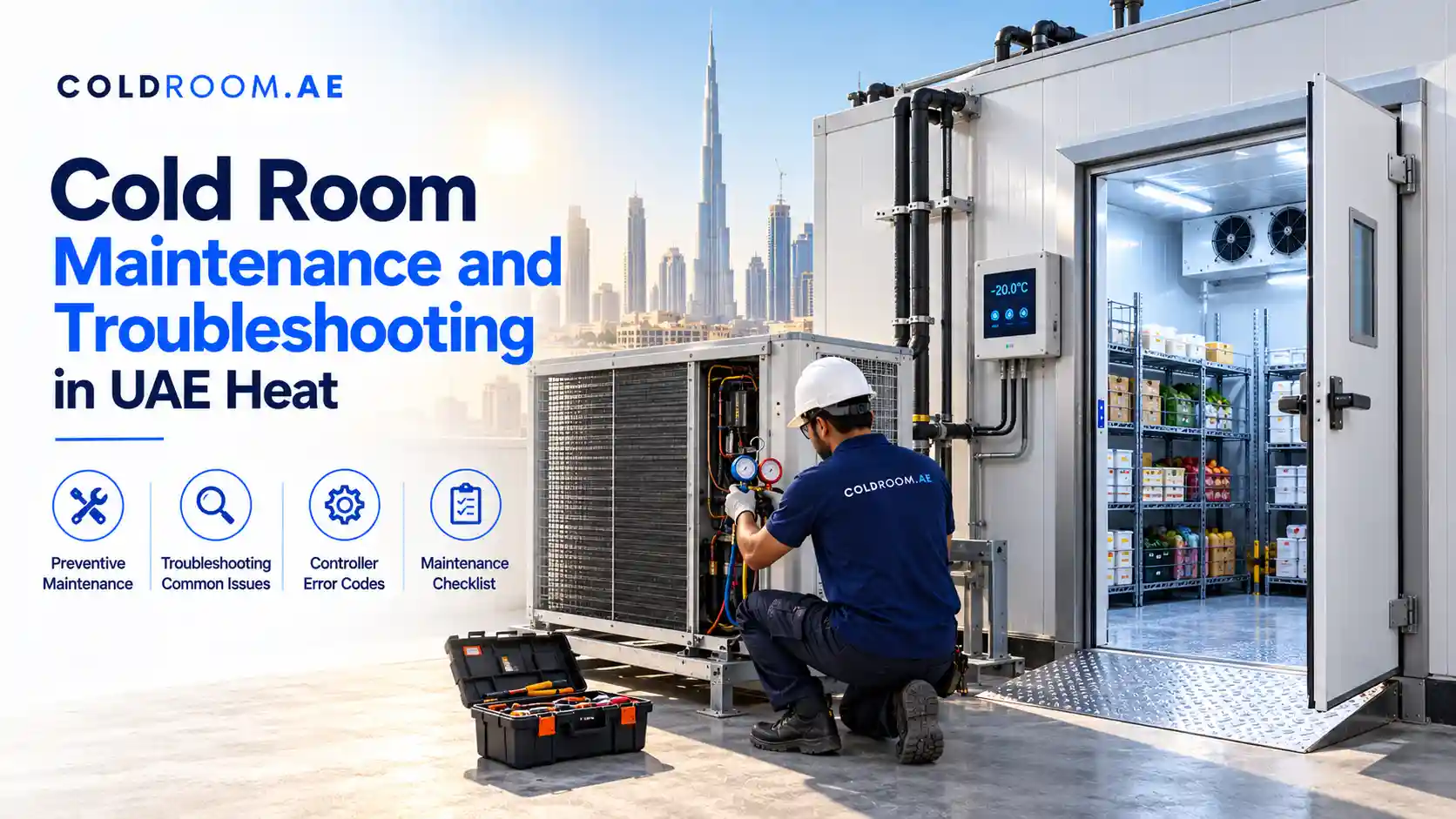 Cold room maintenance and troubleshooting with refrigeration equipment, temperature controls, and a technician servicing a commercial cold room in the UAE.