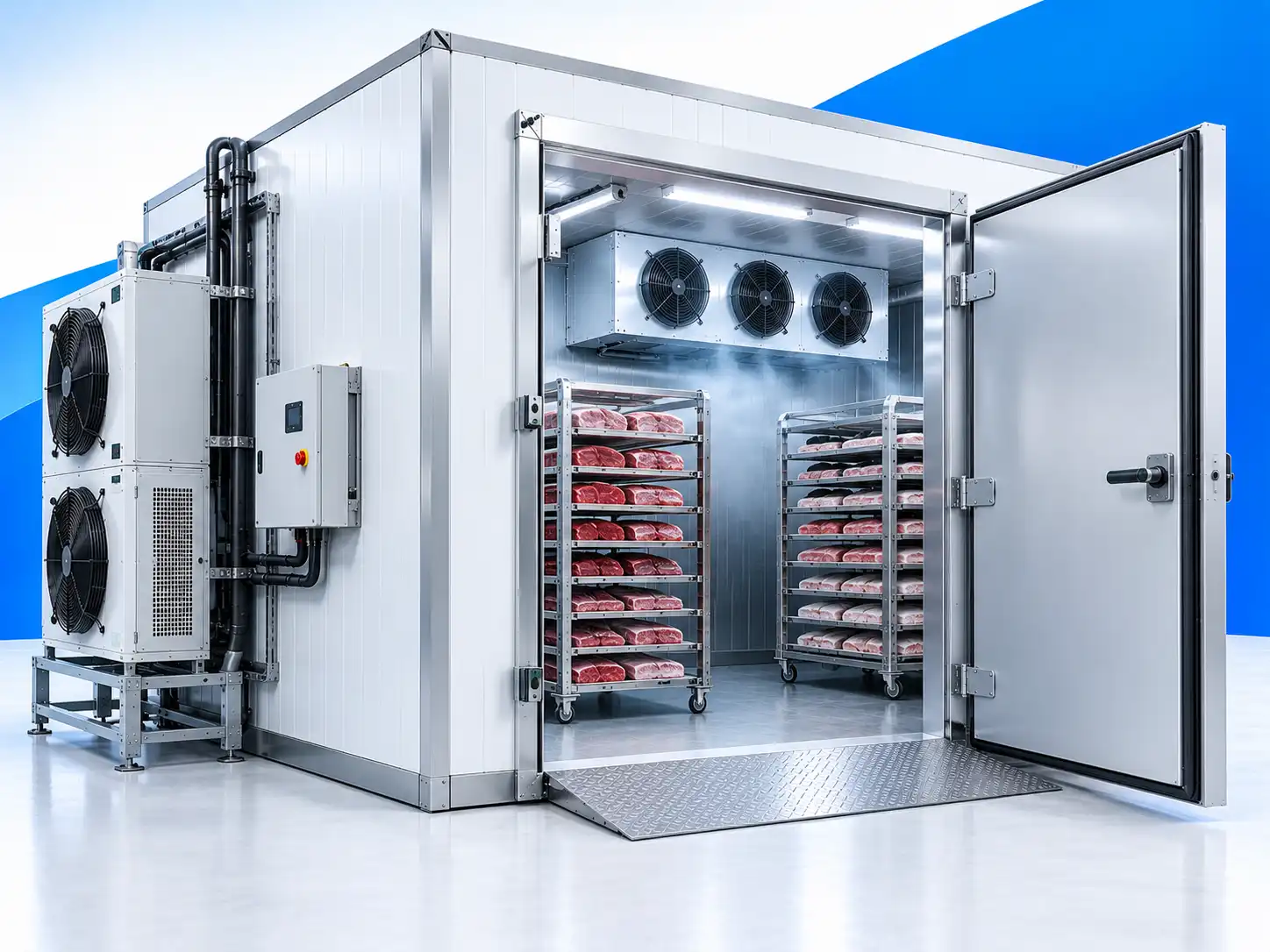 Walk-in blast freezer room with open insulated door, blast evaporator fans, meat on roll-in trolleys and external condensing units