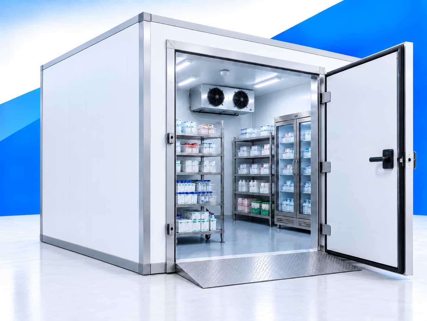 Walk-in medicine cold room with open door, stainless steel shelves and boxed medicines for cold storage in the UAE