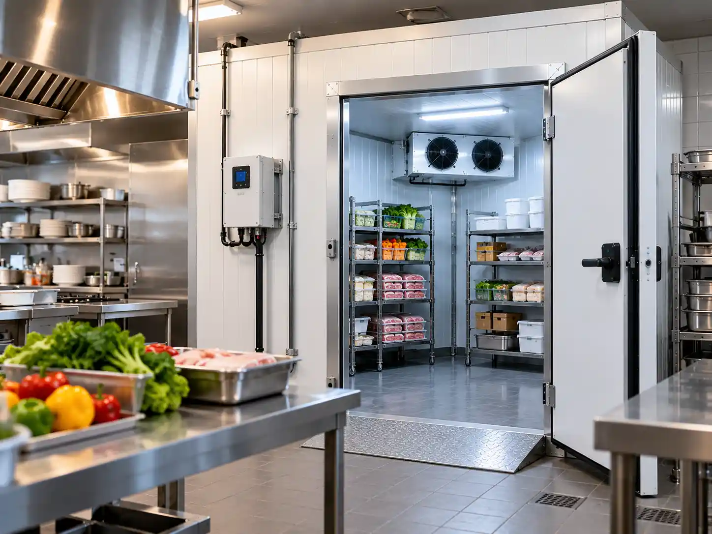 Restaurant freezer room with an open door, ceiling evaporator and stainless steel shelving stocked with frozen food in a commercial kitchen